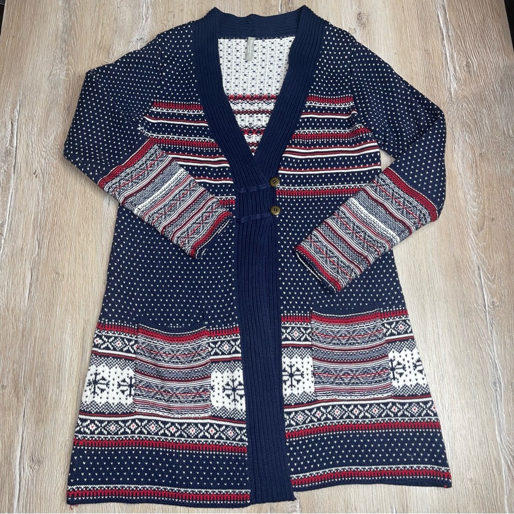 Hanna Andersson Woman's Long Nordic Winter Cardigan Sweater Button 100% Cotton L